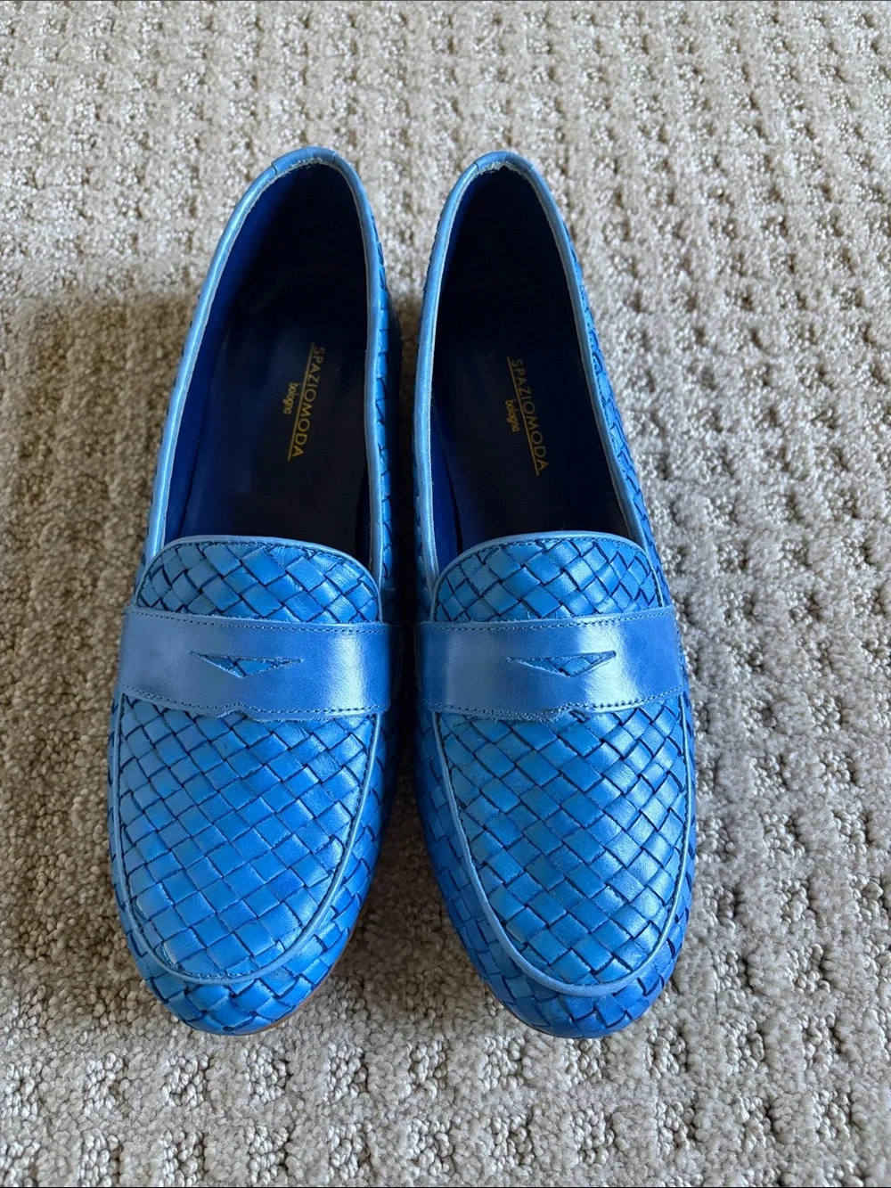 Spaziomoda Bologna Blue Woven Leather Penny Loafers Italy -size 39 brand new.